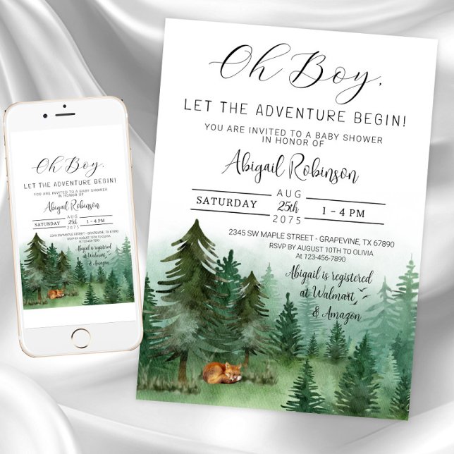 Convite Rapaz Woodland Fox Oh Boy Chá de fraldas (Boy adventure begins baby shower invitation. Instant download and printed invitations available.)