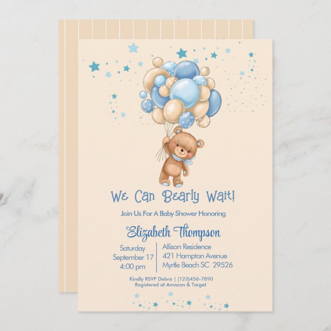 Convite Rapazes, Balões de Urso de Teddy, Chá de fraldas d (Frente/Verso)