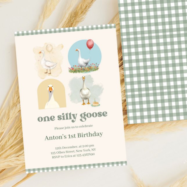 Convite Rapazes Um Bobo Fica Azul Primeiro Aniversário Gin (one silly goose, 1st birthday, farm, boys first birthday boy, blue gingham, whimsical, sage green, b)