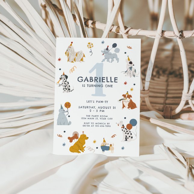 Convite Rapazes, Vamos de Cachorro Bonito, primeiro aniver (Boys Cute Dog 1st Birthday Invite)
