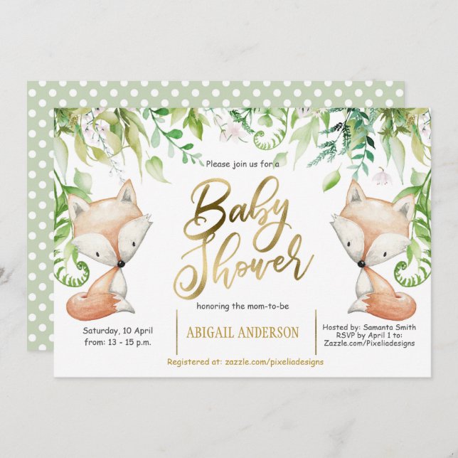 Convite Raposa-da-floresta, verde, faux Dourado Baby Boy C (Frente/Verso)