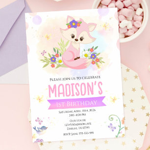 Convite Raposa Menina Floral da Floresta Fofa Aniversário 
