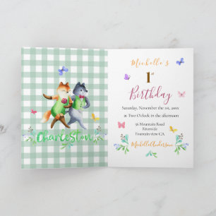 Convite Raposas Fofas da Floresta Gingham Verde 1º Anivers