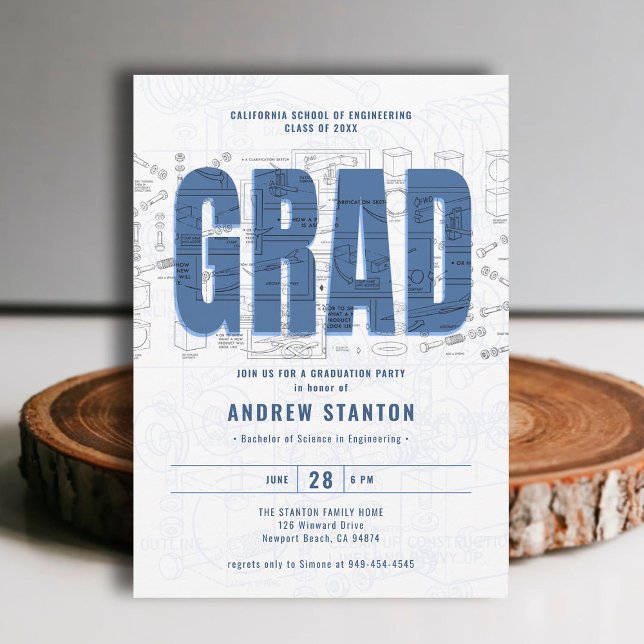 Convite Rascunho Moderno do Formando de Graduação de Engen (engineering engineer graduation ceremony party invitation white blue grad modern minimalist elegant)