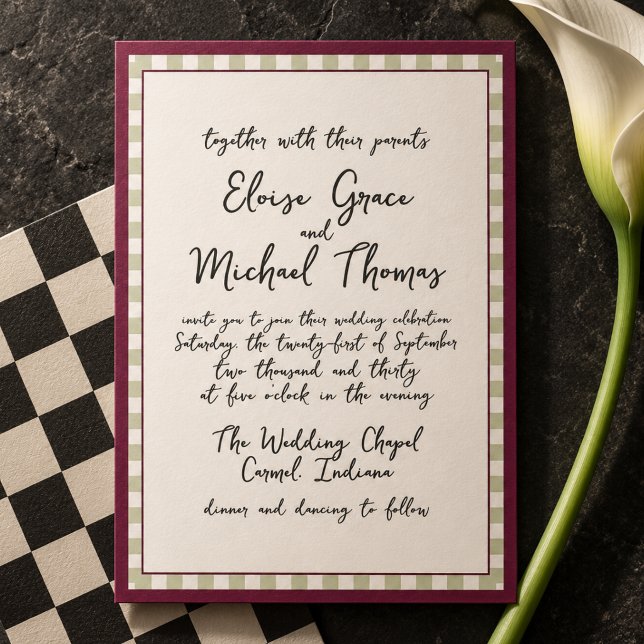 Convite Rasgo Escrito à Mão Raspberry & Sage Listrado (Handwritten Script Raspberry & Sage Striped Invitation)