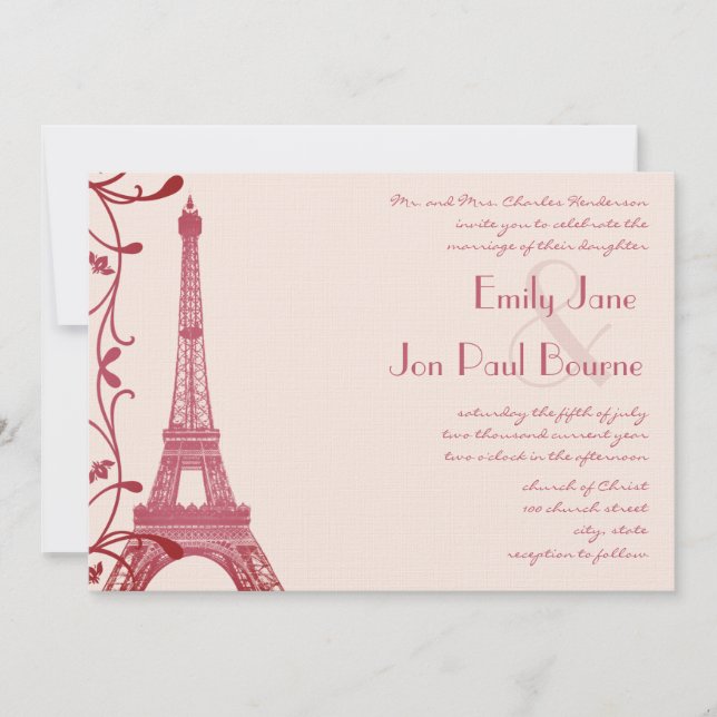 Convite Raspberry Eiffel Tower Pink Wedding Invite (Frente)