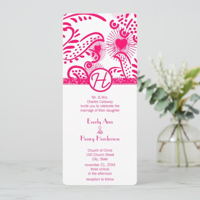 Convite Raspberry Love Birds Wedding Invitation (Em pé/Frente)