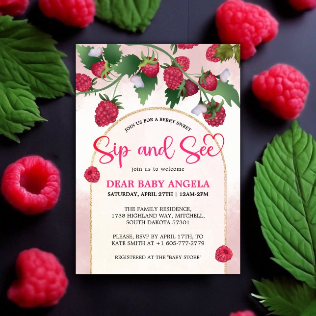 Convite Raspberry Sweet Watercolor Chá de fraldas Sip & Co (Raspberry Sweet Watercolor Baby Shower Sip & See Invitation)