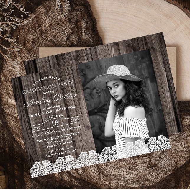 Convite Rastreio Russo Country | Festa de formatura de Fot (Rustic Country Lace on Wood Look Background Photo Graduation Party Invitation)
