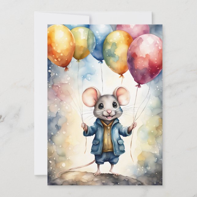 Convite Rato bonito com balões coloridos, personalizado (Frente)