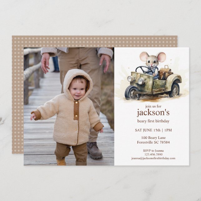 Convite Rato de aquarela bonito no primeiro aniversario do (Frente/Verso)