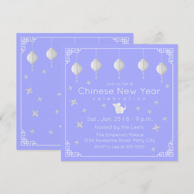 Convite Rato de Origami chinês de Ano Novo, azul claro (Frente/Verso)