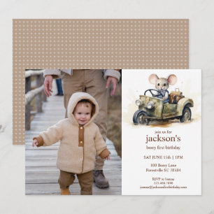 Convite Rato em Aquarela Fofo em Carro Verde para 1º Anive