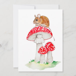 Convite Rato engraçado em um agárico-voador, aquarela