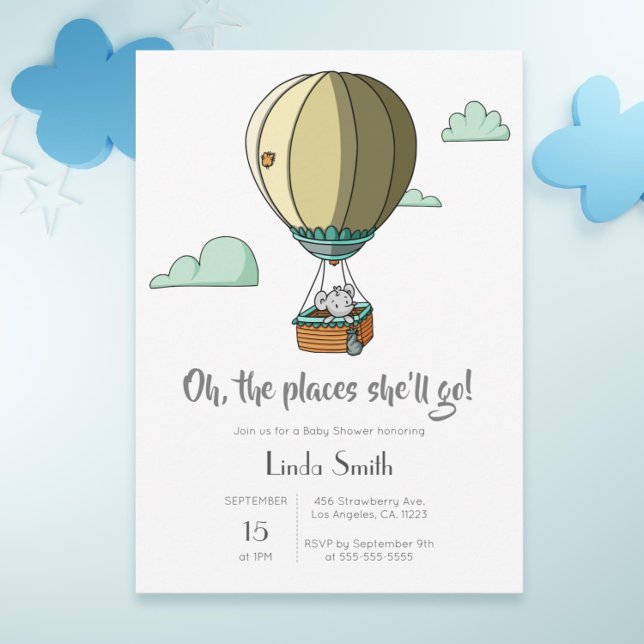 Convite Rato no Chá de fraldas neutro do balão de ar quent (Hot air balloon with mouse baby shower invitation)