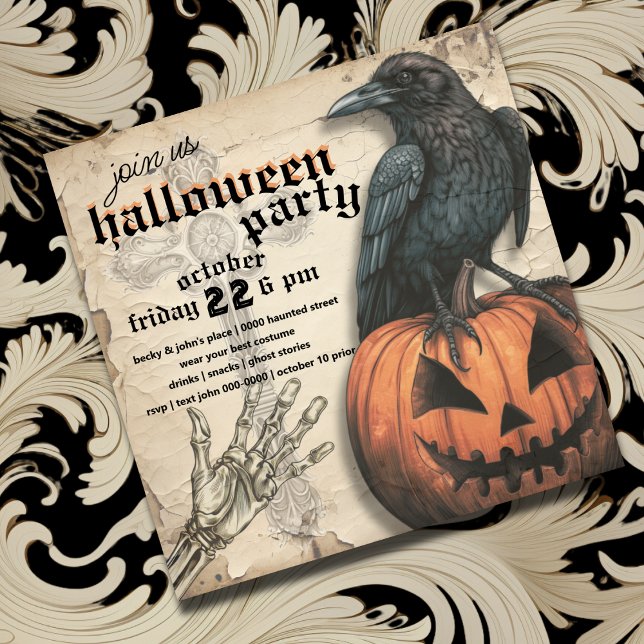 Convite Raven | Jack o Lanterna | Mão esquelética | Hallow (Raven on top of jack o lantern with spooky skeleton hand Halloween party invite)