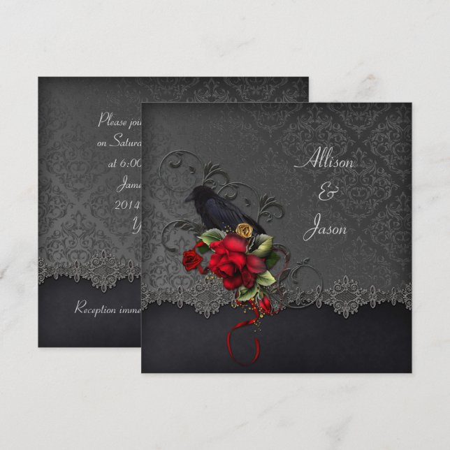 Convite Raven Rosas Vermelhas Damasco Preto Cinza (Frente/Verso)