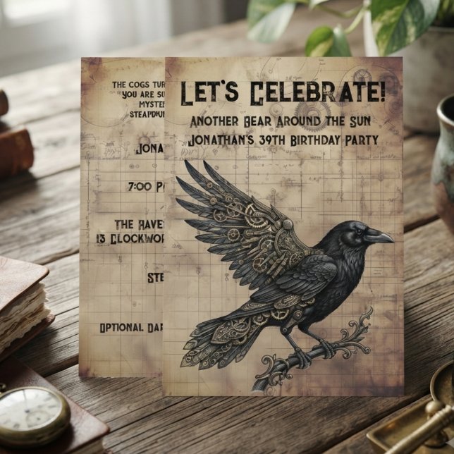 Convite Raven Steampunk Gótico (Sepia steampunk raven invitation card for adult birthday celebration.)