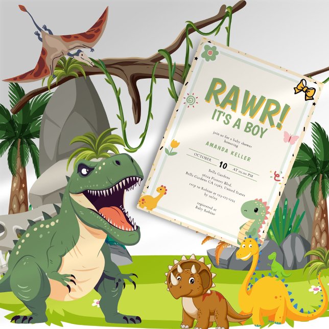 Convite RAWR! É um menino - Chá de fraldas de dinossauro b (Criador carregado)
