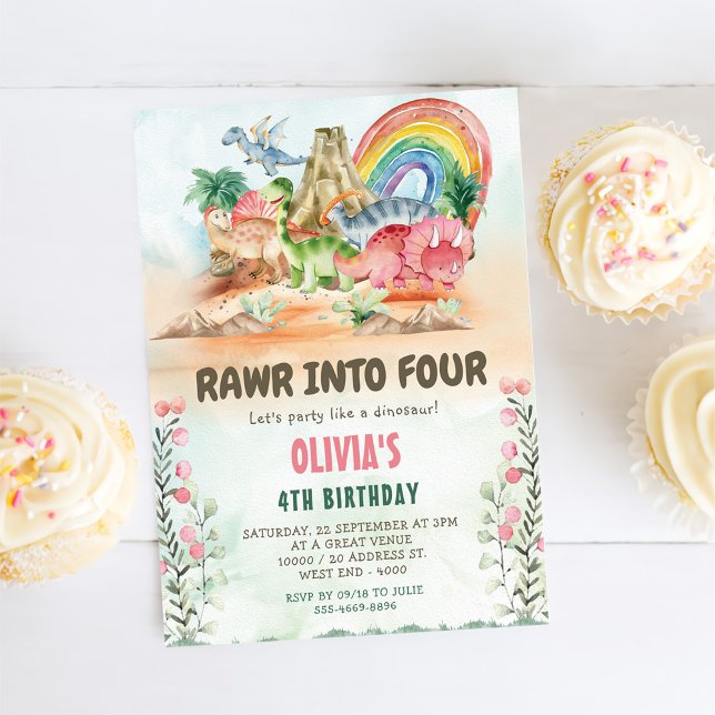 Convite Rawr Em Quatro Festa de Aniversário do Dinossauro (Criador carregado)