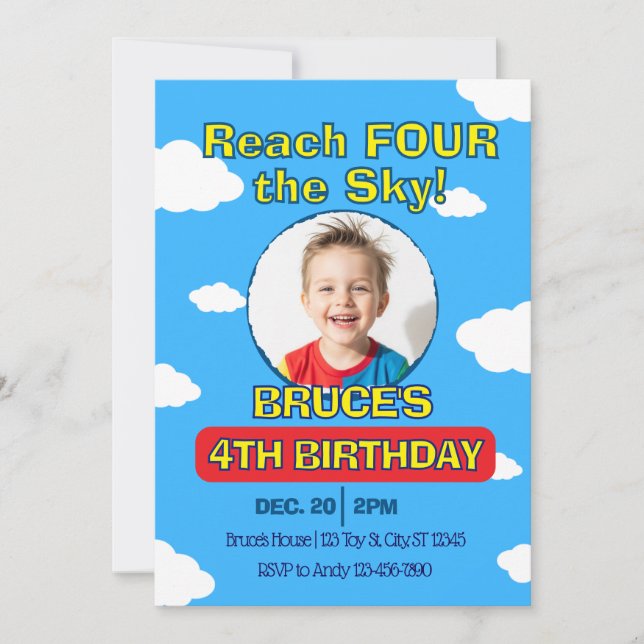 Convite Reach FOUR the Sky, Picture Clouds 4th Birthday (Frente)