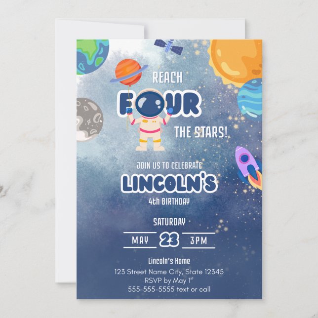 Convite "Reach Four the Stars” Space Birthday Invitation (Frente)