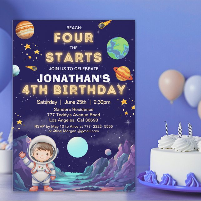 Convite Reach Four the Stars Space Boy Birthday 4 (Criador carregado)