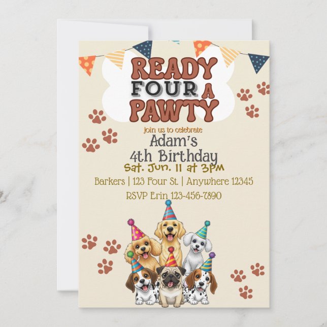 Convite Ready FOUR a Pawty, Dog 4th Birthday Invitation (Frente)