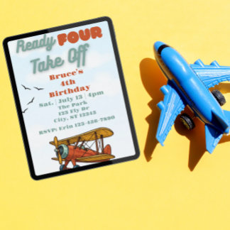 Convite Ready FOUR Take Off, airplane 4th Birthday