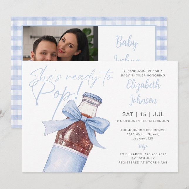 Convite Ready To Pop Blue Soda Bottle Baby Shower Photo (Frente/Verso)