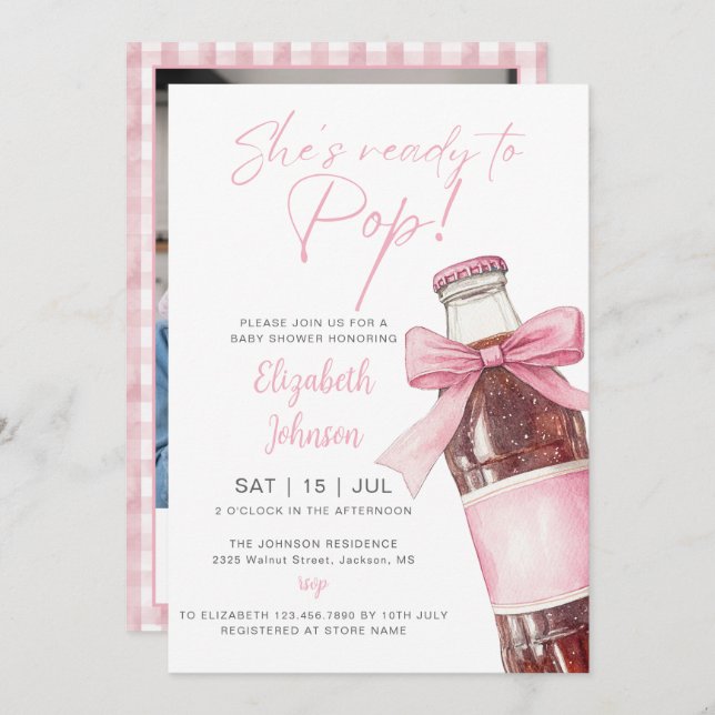 Convite Ready To Pop Pink Soda Bottle Baby Shower Photo (Frente/Verso)