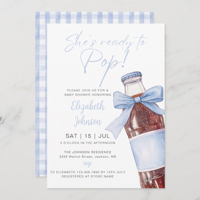 Convite Ready To Pop Soda Bottle Blue Bow Baby Shower (Frente/Verso)