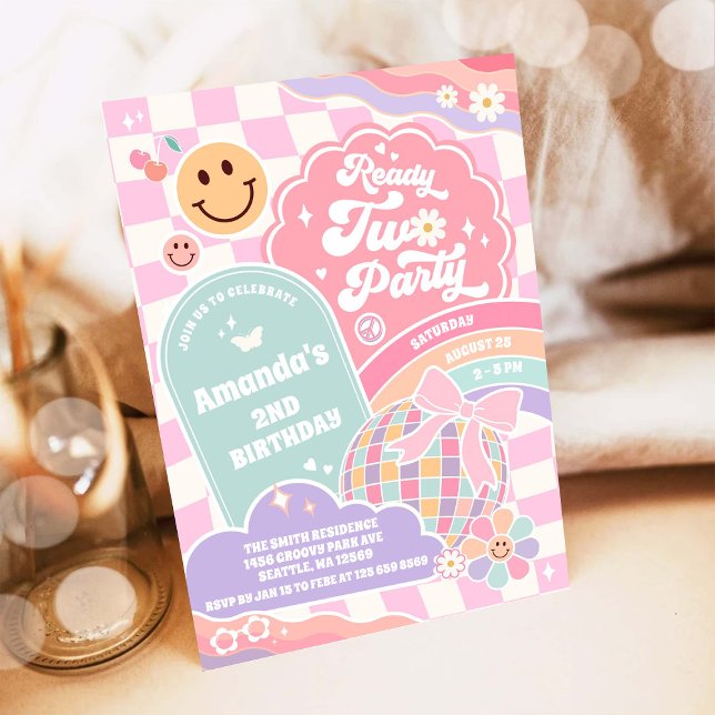 Convite Ready Two Party Groovy Rainbow Disco 2nd Birthday  (Criador carregado)