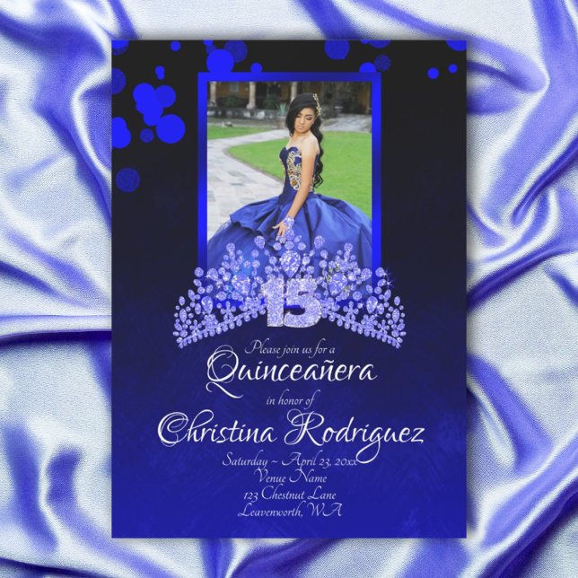 Convite Real Azul, Azul Claro Tiara Rhineston Quinceanera (Royal blue, light blue rhinestones tiara, blue glitter 15 quinceanera invitation)