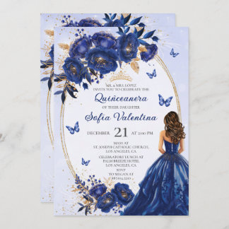 Convite Real Azul e Dourado Quinceañera