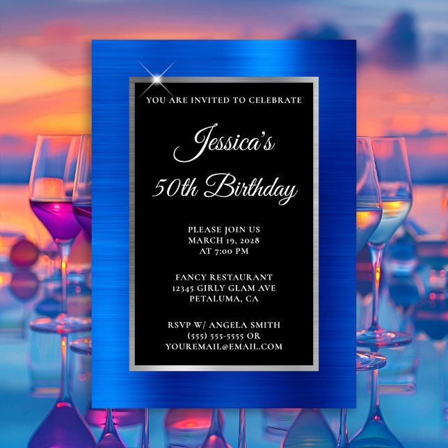 Convite Real Azul e Folha Prateada Preta 50º Aniversário (Royal Blue and Silver Foil Black 50th Birthday Invitation)