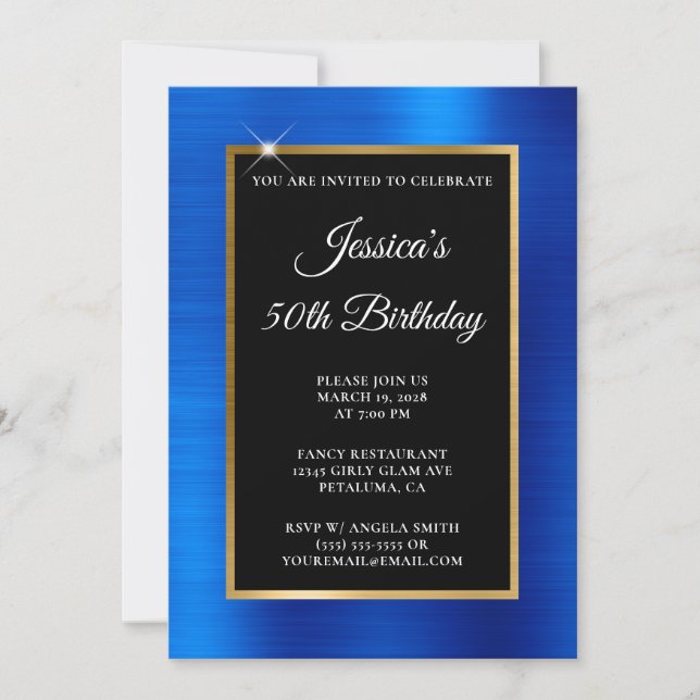 Convite Real Blue and Gold Foil Black 50º aniversário (Frente)
