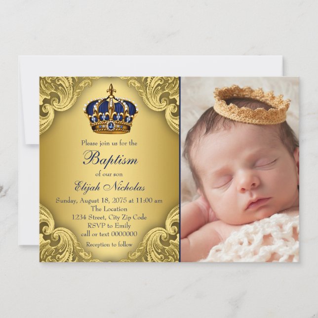 Convite Real Blue Dourado Príncipe Crown Baptism (Frente)