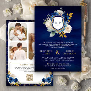 Convite Real Blue Floral Código QR Foto Crest Casamento