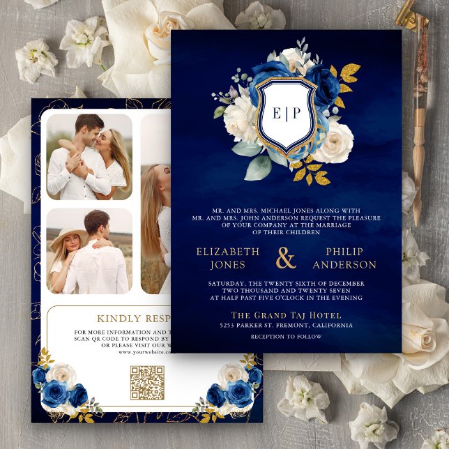 Convite Real Blue Floral Código QR Foto Crest Casamento (Criador carregado)