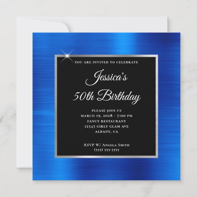 Convite Real Blue Foil Silver e Black 50th Birthday (Frente)