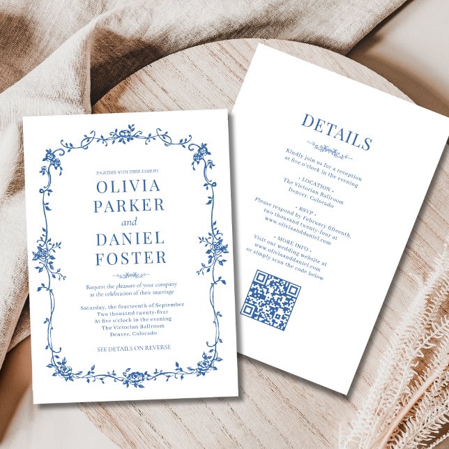 Convite Real Blue French All in One Victorian Wedding (Fra (Criador carregado)