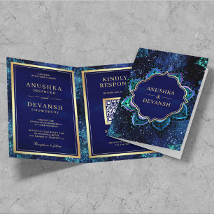 Convite Real Blue Galaxy Mandala Código QR Casamento India