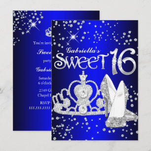 Convite Real Blue Glitter Tiara & Heels Sweet 16 Invite