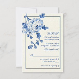 Convite Real Blue Ivory Toile Floral Casamento RSVP Respos