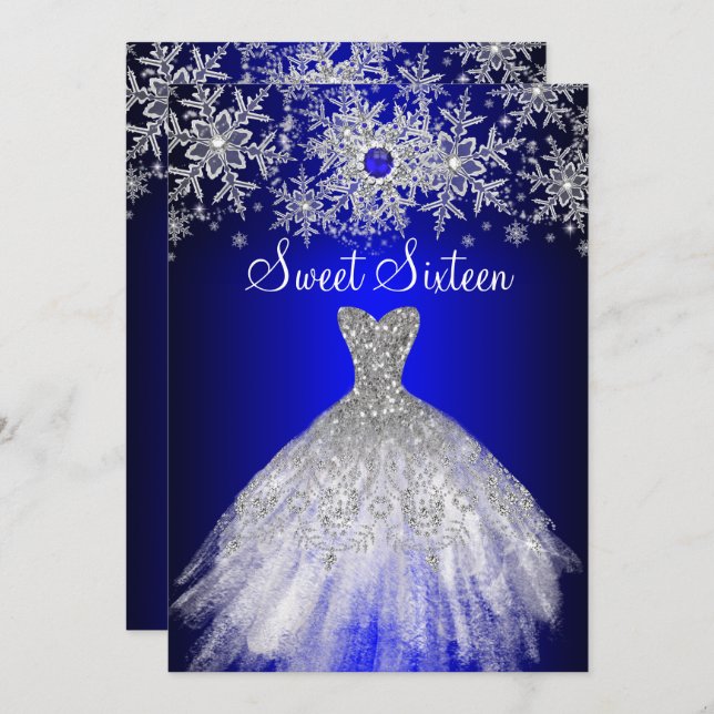 Convite Real Blue Pearl Silver Snowflake Sweet 16 (Frente/Verso)