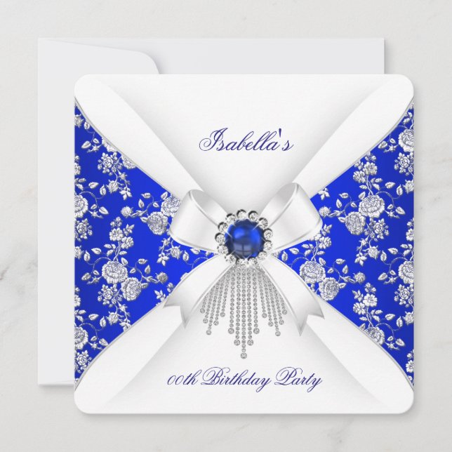 Convite Real Blue Rose White Damask Pearl Aniversário (Frente)