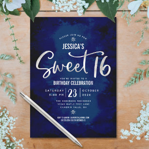 Convite Real Blue Silver Script Bold Sweet 16 Aniversário