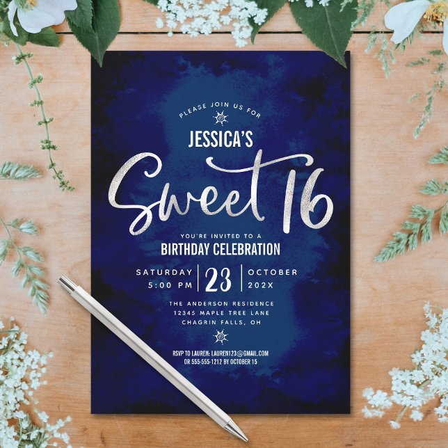 Convite Real Blue Silver Script Bold Sweet 16 Aniversário (Criador carregado)