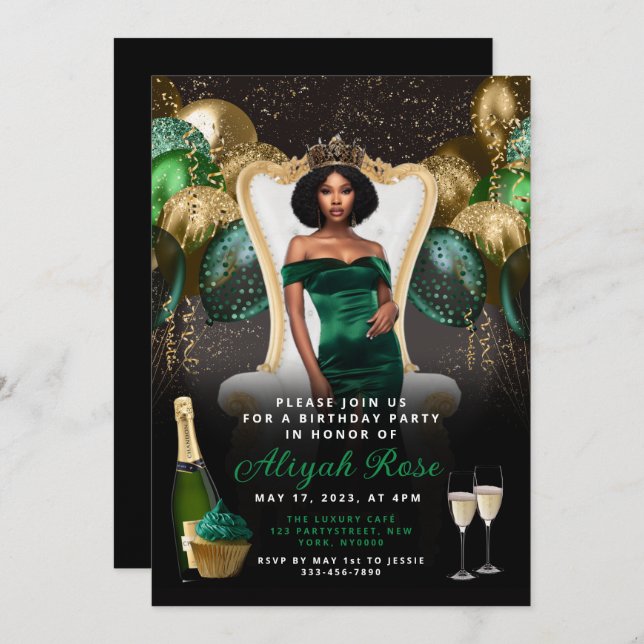 Convite Real de Aniversário para Balões Verdes e D (Frente/Verso)